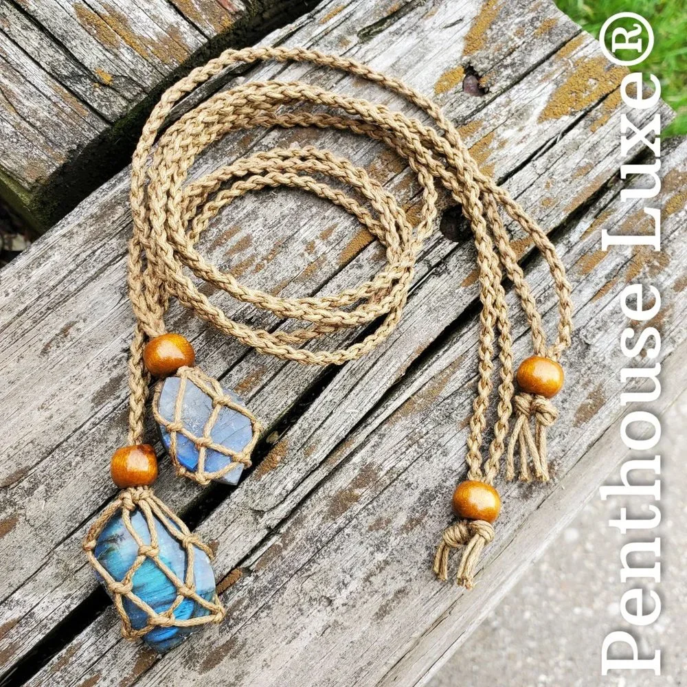 NEW!! Real Labradorite Wooden Beaded Rope Fishing Net Pendant Necklace - Picture 3 of 5